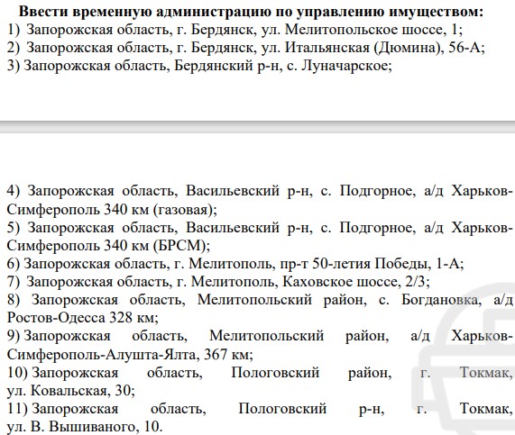 Им отдали 11 объектов, из которых четыре находятся в Мелитополе и Мелитопольском районе.